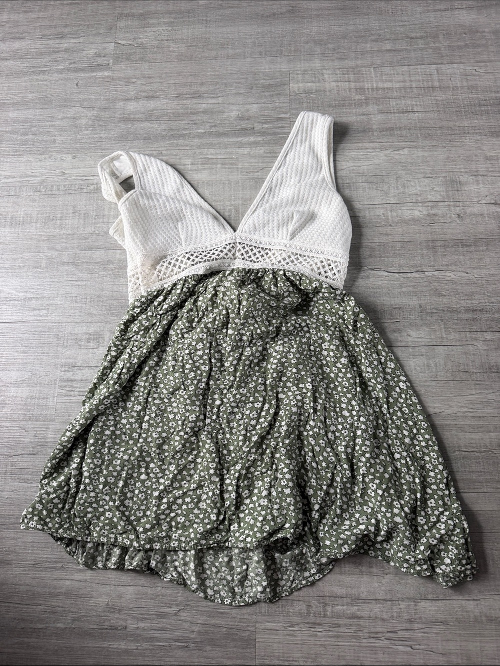 White Crochet Bodice Mini Dress with Olive Floral Skirt